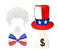 FIRSTXIU Accessoires de cosplay d'oncle patriotique comprenant un chapeau, un nœud papillon, une barbe et un sac d'argent - Costume du 4 juillet pour homme - Accessoires de costume d'Halloween
