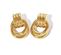 FIRSTXIU Boucles d'oreilles pendantes géométriques vintage en métal style français deux tons multi-couches rondes à suspendre pour femme