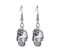FIRSTXIU Boucles d'oreilles, squelette punk, longues boucles d'oreilles pendantes en forme de tête de mort, accessoires de costume d'Halloween, bijoux Hip Hop Rock
