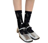 FIRSTXIU Chaussettes de cheville en maille en dentelle avec strass pour mollet Transparent Crew JK Étudiante Fille Tube intermédiaire Streetwear Strass Crew Chaussettes, Noir , Taille unique
