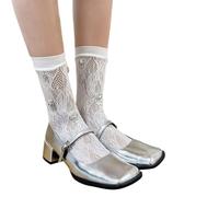 FIRSTXIU Chaussettes de cheville en maille en dentelle avec strass pour mollet Transparent Crew JK Étudiante Fille Tube intermédiaire Streetwear Strass Crew Chaussettes, blanc, Taille unique