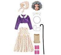 FIRSTXIU Costume de cosplay 100 jours d'école pour enfants - Accessoires de costume pour vieille femme - Collier de fausses perles, lunettes, béquille, robe florale pour faire semblant d'être
