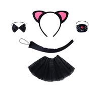 FIRSTXIU Ensemble de costume de chat avec jupe en maille - Oreilles de chat - Bandeau d'oreille en peluche - Queue en peluche - Nœud papillon - Fournitures de fête pour Halloween - Ensemble de costume