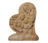 FIRSTXIU Figurine en bois catholique en forme de cœur Jésus Sainte Famille sculptée Statue pour la maison, la chambre à coucher, le salon, le bureau, décoration de bureau, cadeau chrétien