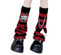 FIRSTXIU Jambières tricotées à rayures punk japonaises pour femmes et filles avec motif tête de mort et croix - Chaussettes longues - Leggings - Couvre-pieds pour femme, Rayures noires et rouges