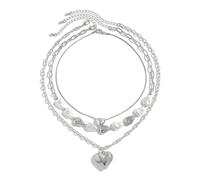 FIRSTXIU Lot de 3 colliers ras du cou en fausses perles avec pendentif en forme de cœur multicouches réglable pour femme, As shown, Chaîne en cuivre + chaîne en fer + CCB + perles d'imitation