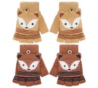 Firtink Lot de 2 paires de mitaines pour enfants avec haut rabattable, mitaines, mitaines, chauds, pour hiver, motif de dessin animé, pour enfants de 7 à 10 ans, Jaune, marron, Taille unique