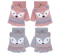 Firtink Lot de 2 paires de mitaines pour enfants avec haut rabattable, mitaines, mitaines, chauds, pour l'hiver, en tricot de dessin animé, pour enfants de 7 à 10 ans, gris, rose, Taille unique