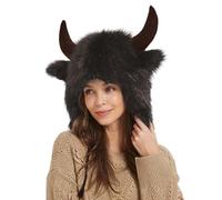 Firulab Chapeau de Bison avec Cornes - Chapeau de Corne en Peluche - Chapeau en Fourrure, Chapeaux d'animaux pour Hommes et Femmes, Cadeau pour fête à thème du Festival de Cosplay d'animaux, Aventure
