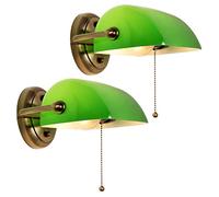 FIRVRE 2 Pack Banquier Lampe murale en verre vert vintage avec abat-jour réglable et interrupteur à chaîne pour couloir de chambre cuisine et entrée