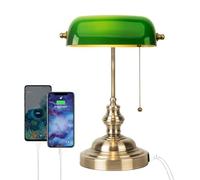 FIRVRE Vert Verre Bankers Lampe de Bureau Lecture E27 Lampe de Table Classique avec port USB de Recharge Interrupteur à Tirette en Laiton Vintage Lampe de Chevet pour La Chambre
