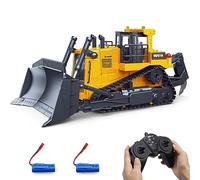 fisca Bulldozer télécommandé, RC 1/16 Véhicule de Chantier entièrement Fonctionnel Bulldozer Lourd télécommandé, 2,4 GHz 9 canaux Dozer Chargeur Frontal Jouet avec Son et lumière pour Enfants