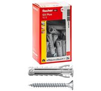 Fischer 25 chevilles SX Plus avec vis 10 x 50 mm pour mur plein, brique perforée, maçonnerie, béton, pour la fixation de lustres, meubles, armoires, étagères, étagères, 567623