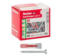 Fischer 537645 Lot de 100 chevilles avec vis DuoPower 5 x 25 mm pour mur plein, brique perforée