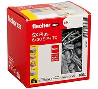 fischer 567935 Expansion SX Plus S PH, Boîte de 50 vis assorties en nylon, chevilles pour un maintien optimal lors de la fixation, béton cellulaire, briques perforées et bien plus encore, standard, 6