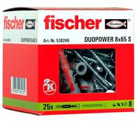 fischer - Cheville bi-matière et Multi-matériaux DUOPOWER 8X65 avec vis/Boîte de 25 Gris/Rouge