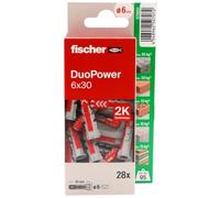 fischer - Duopower 6 x 30-28U, chevilles murales multi-matériaux, pour accrocher des vélos, des cadres, des armoires, des supports de télévision, des étagères, des meubles.