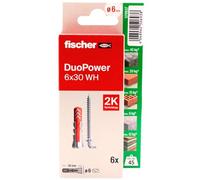 fischer - Duopower 6 x 30 avec douchette - 6U, chevilles murales multi-matériaux, pour accrocher des vélos, des cadres, des armoires, des supports de télévision, des étagères, des meubles.