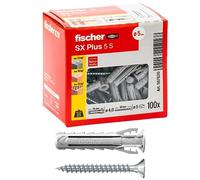 Fischer Lot de 100 chevilles SX Plus avec vis 5 x 25 mm pour mur plein, brique perforée, maçonnerie, béton, pour la fixation de lustres, meubles, armoires, étagères, 567620