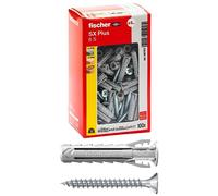Fischer Lot de 100 chevilles SX Plus avec vis 6 x 30 mm pour mur plein, brique perforée, maçonnerie, béton, pour la fixation de lustres, meubles, armoires murales, étagères, 567621