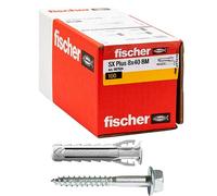 Fischer Lot de 100 chevilles SX Plus BM avec vis tête hexagonale 8 x 40 mm pour mur plein, brique perforée, maçonnerie, béton, pour la fixation de lustres, meubles, armoires, étagères, 567624