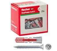 Fischer Lot de 25 chevilles Duopower avec vis, 8 x 40 mm, pour mur plein, brique perforée, cloison sèche, armoires murales, supports TV, étagères, 544016