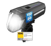 FISCHER Phare Avant LED pour vélo 110 lux avec Mode capteur, réglage de la portée Lumineuse, jusqu'à 20 Heures d'autonomie, Noir, 1 pièce