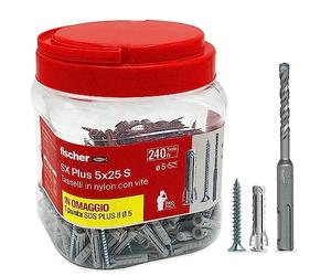fischer Propack SX Plus 5 S, 240 chevilles 5 x 25 avec vis + foret SDS 5 mm, réutilisable, pour fixation sur béton et maçonnerie 570205