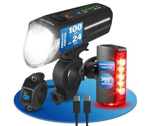FISCHER Twin Stop 100 Lux Kit d'éclairage LED pour vélo avec Feux de Route et Mode capteur, Longue durée de Vie, boîtier en Aluminium Robuste, Noir, 1 pièce