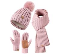 FISFET Bonnet, écharpe et gants pour femme, bonnet d'hiver avec pompon doublé en polaire, gants pour écran tactile, écharpe chauffante, bonnet femme 3 en 1, Rose., taille unique