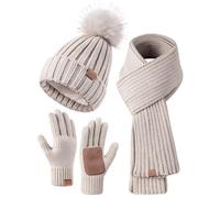 FISFET Ensemble bonnet, écharpe et gants pour femme, bonnet d'hiver pour femme avec pompon doublé en polaire chaud, bonnet à pompons, gants pour écran tactile, écharpe, cache-cou, ensemble 3 en 1 pour