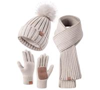 FISFET Ensemble bonnet, écharpe et gants pour femme - Bonnet d'hiver avec pompon - Doublure polaire - Gants tactiles - Écharpe - Bonnet chauffant - 3 en 1, taille unique
