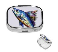Fish Art Pilulier carré en métal à 2 compartiments - Joli pilulier de voyage portable pour médicaments et vitamines - Cadeau unique pour homme et femme
