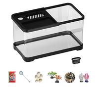Fish Tank Starter Kit, Tank with LED Light, Built-in Filter System, Complete Aquarium Set, 14.8x8.27x8.27 inches, Includes Plants Pebbles Corals, Ideal for Home, Dorm, Desktop, Kid
