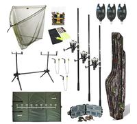 FISH-XPRO Carp Improve Set - Carp Rod Set Black - Ensemble Complet pour la pêche à la Carpe - Matériaux de Haute qualité - Détecteurs de morsures, émerillons, Rodpod, dosserets et étuis Inclus.