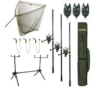 FISH-XPRO Carp Improve Set - Carp Rod Set Black - Ensemble Complet pour la pêche à la Carpe - Matériaux de Haute qualité - Détecteurs de morsures, émerillons, Rodpod, dosserets et étuis Inclus.