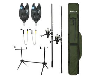 FISH-XPRO Ensemble de pêche à la Carpe : Ensemble Complet de pêche à la Carpe - 2 Cannes, moulinets, détecteurs de Touche, indicateurs de Touche, Support de Cannes et étui ! Abordable et Complet !