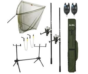FISH-XPRO Karper Set Deluxe 2-Rod - Le kit de pêche le plus complet - Ensemble de canne à pêche à la carpe Noir - Détecteurs de morsure - Échangistes - Rodpod - Supports arrière - Foudrale - Épuisette