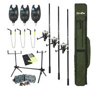 FISH-XPRO Karper Set Plus 3-Rod - Kit de Canne à pêche à la Carpe Noire - 96 pièces - Détecteurs de Coq - Échangistes - Rodpod - Supports arrière - Foudrale - Extra étendu - Tout ce Dont Vous Avez