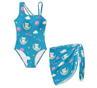 FishDing Maillot de bain une pièce pour fille en maille avec bretelles réglables - Maillot de bain dos nu à séchage rapide 7-18, Planète chat mignon, 13-14 ans
