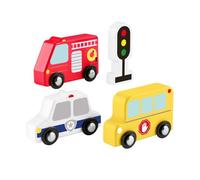 Fisher-Price Coffret Mes véhicules en bois pour tout-petits comprenant 4 pièces en bois dont un camion de pompier, un bus scolaire et une voiture de police, à partir de 2 ans, JCY32