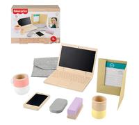 Fisher-Price Coffret Télétravail en Bois de 9 éléments avec ordinateur portable et téléphone en bois pour le jeu d’imitation, pour enfants à partir de 3 ans, HXV11