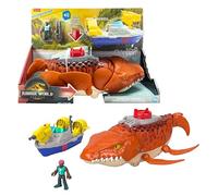 Fisher-Price Imaginext Coffret Mosasaure Attaque Aquatique Jurassic World : Renaissance avec figurine de dinosaure de 46 cm, figurine articulée de 7,5 cm, bateau avec lanceur et 2 projectiles, JFR23