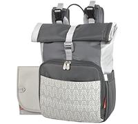 Fisher-Price Multi-Pocket (13) Grey Roll Top Diaper Bag Backpack with Portable Changing Pad, Stroller Straps, Wipes, Bottle, Tablet Pockets