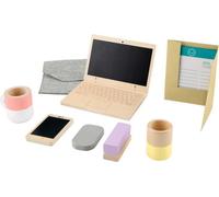 FISHER-PRICE Set de télétravail en Bois, 9 éléments avec ordinateur portable et téléphone en bois HXV11