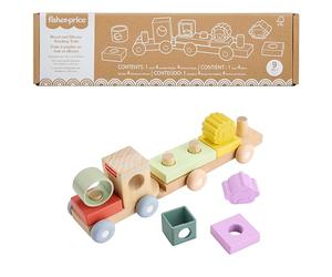 Fisher-Price Train en Bois à empiler, Jouet bébé et Enfants de Bas âge | Train à pousser avec 4 blocs en bois et 4 formes silicone, motricité fine et globale, bébés dès 9 mois, JKH08