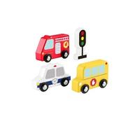 Fisher-Price Coffret Mes véhicules en bois pour tout-petits comprenant 4 pièces en bois dont un camion de pompier, un bus scolaire et une voiture de police, à partir de 2 ans, JCY32
