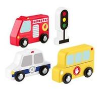 Fisher-Price Coffret Mes véhicules en bois pour tout-petits comprenant 4 pièces en bois dont un camion de pompier, un bus scolaire et une voiture de police, à partir de 2 ans, JCY32