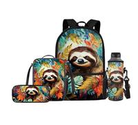Fishisbird Lot de 4 sacs à dos pour enfants garçons avec boîte à déjeuner, trousse à crayons, porte-bouteille d'eau, Paresseux tropical, Taille unique, Sacs à dos de jour