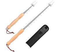 FISHOAKY Lot de 2 brochettes extensibles pour barbecue - En acier inoxydable - Longue poignée en bois - Télescopiques extensibles - Pour barbecue, feu de camp et camping